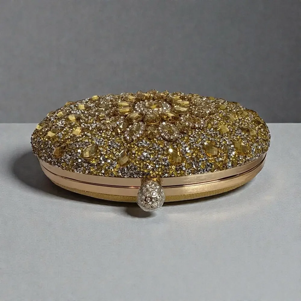 Ramla Gold Crystal Embellished Oval Evening Clutch Beaded Purse NWT